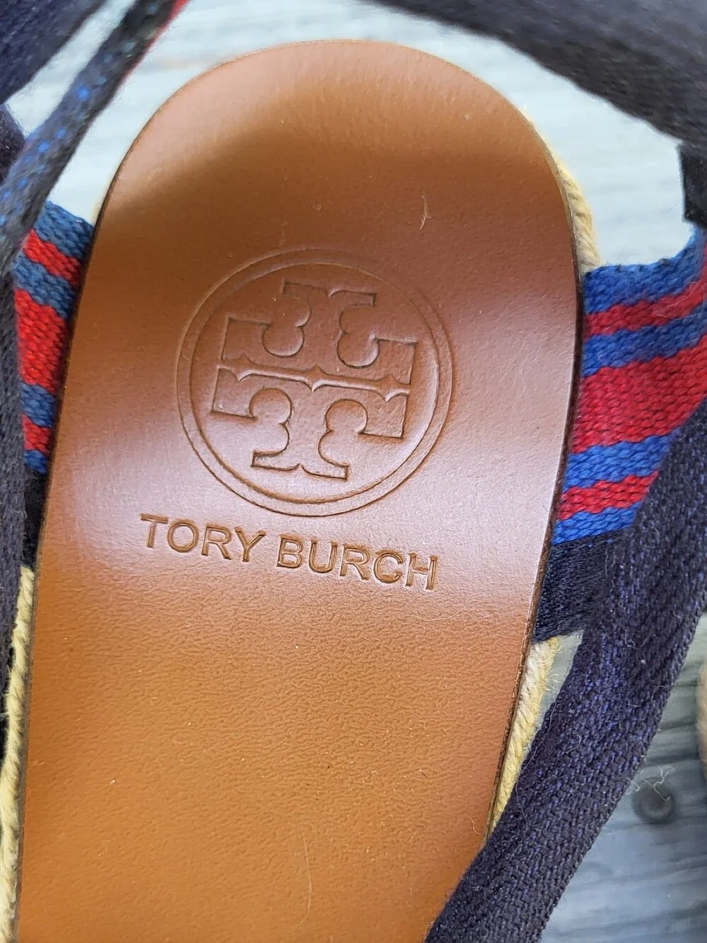 Tory Burch Stripe Wedge Espadrille Ribbon Tie Sandal